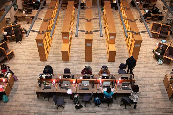 Library student spaces - overhead view of library and study pods